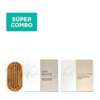 Combo Ruh Shampoo Sólido Cabello Normal Off White x 65 g + Acondicionador Sólido x 45 g + Jabonera Redonda Doble