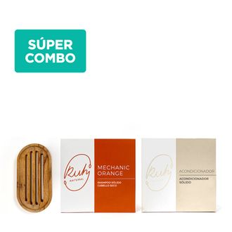 Combo Ruh Shampoo Sólido Cabello Seco Mechanic Orange x 65 g + Acondicionador Sólido x 45 g + Jabonera Redonda Doble